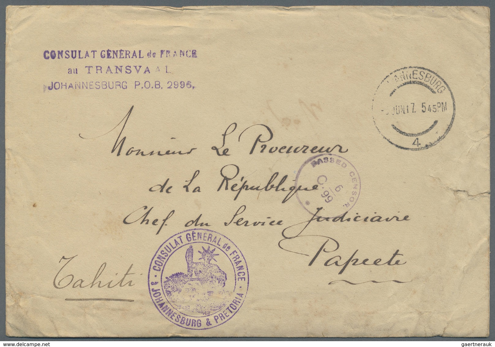 Br Tahiti: 1917. Envelope (opening Faults) With Full Content Headed 'Consular General De France Au Tran - Tahiti