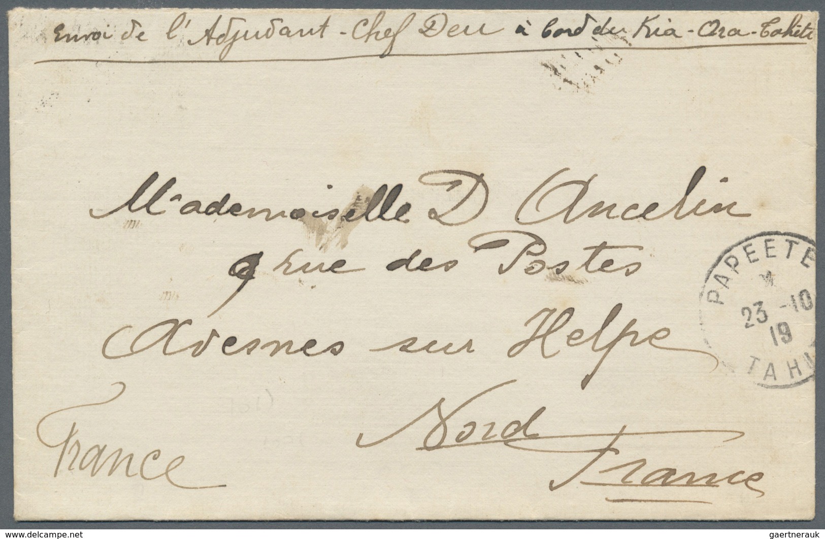 Br Tahiti: 1919. Military Mail Envelope Written From Papeete Endorsed 'Envoi De L'Ajudant Chef Deu A Bo - Tahiti