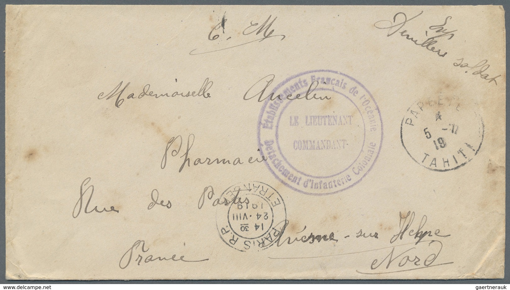 Br Tahiti: 1919. Stampless Military Mail Envelope (minimal Toned,stains) Cancelled By Papeete Tahiti Da - Tahiti