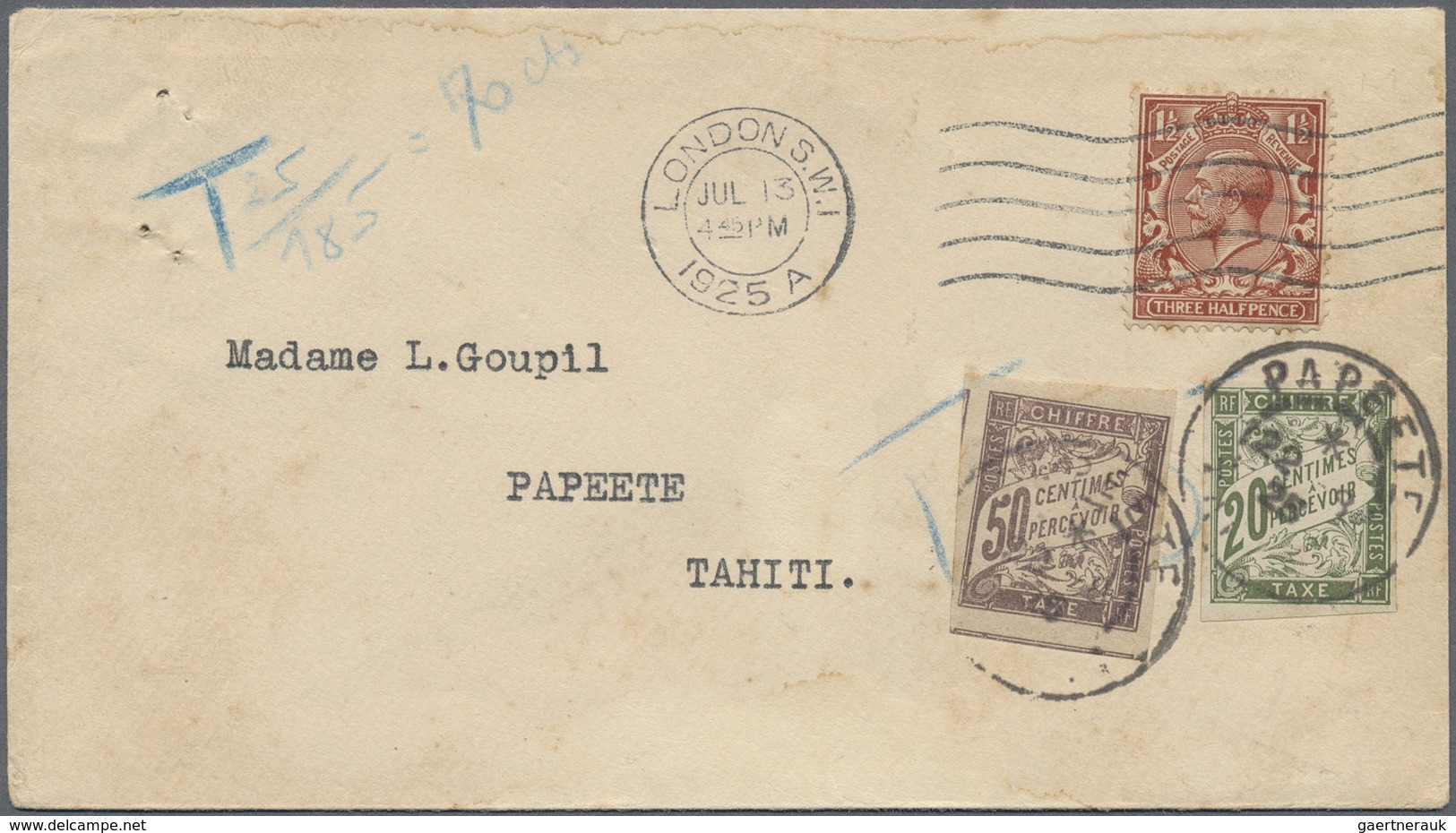 Br Tahiti: 1925. Envelope (small Stains) Addressed To Papeete, Tahiti Bearing Great Britain SG 420, 1½d - Tahiti