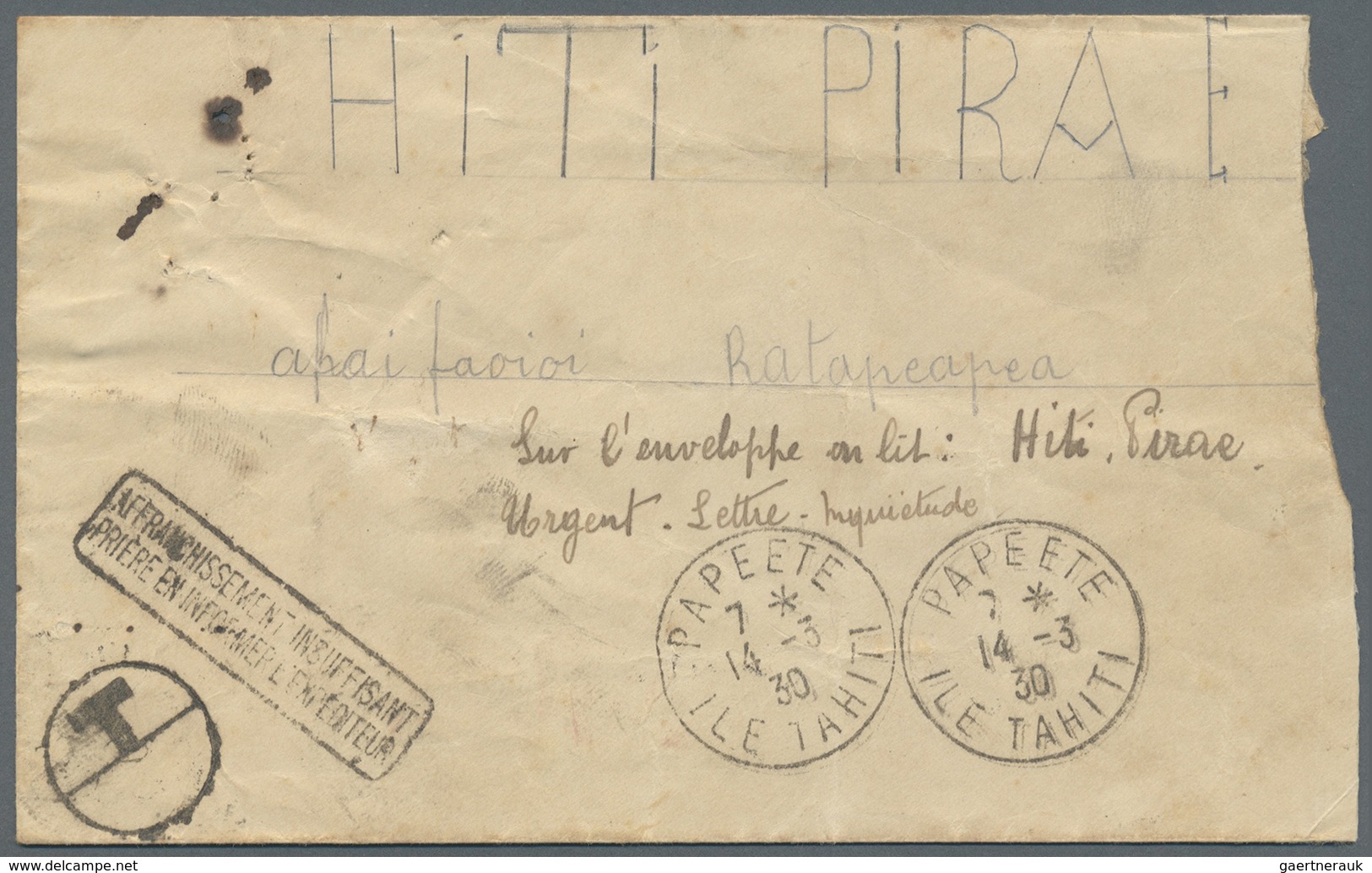 Br Tahiti: 1930. Stampless Envelope (faults) Addressed To Ratapeapea, Tahiti Hiti Cancelled By Papeete - Tahiti