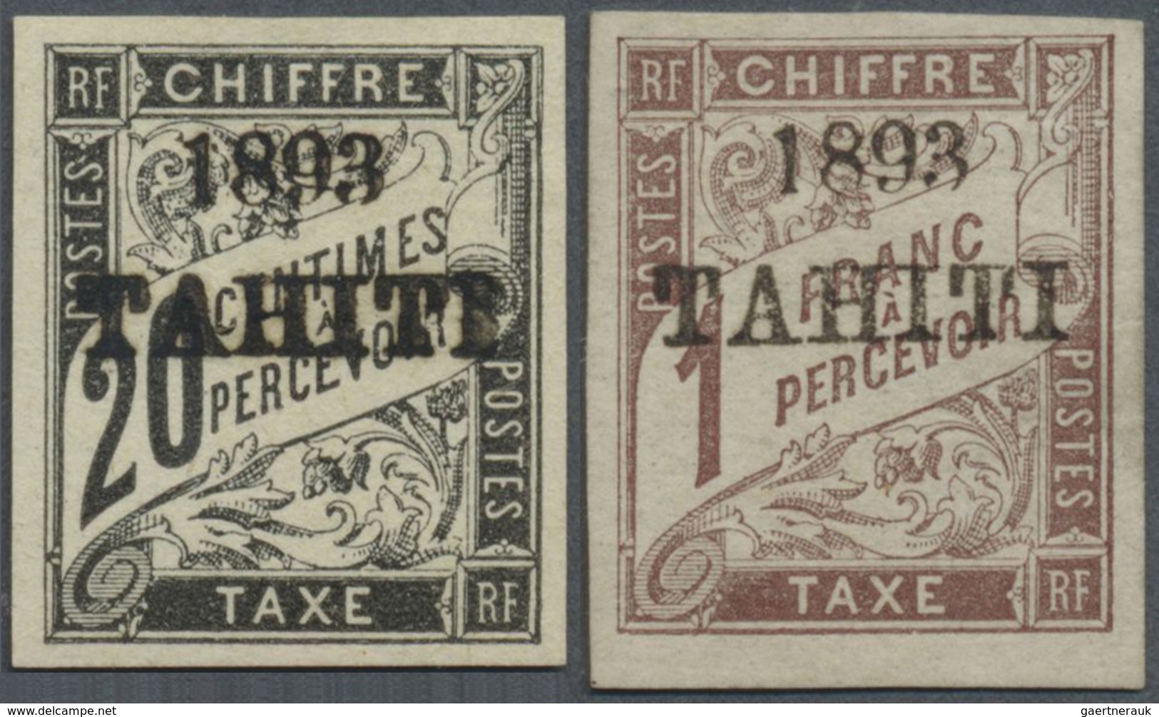 * Tahiti - Portomarken: 1893, 20 C. Postage Due Stamp In Black With Overprint "1893 TAHITI" And 1 Fr. - Tahiti
