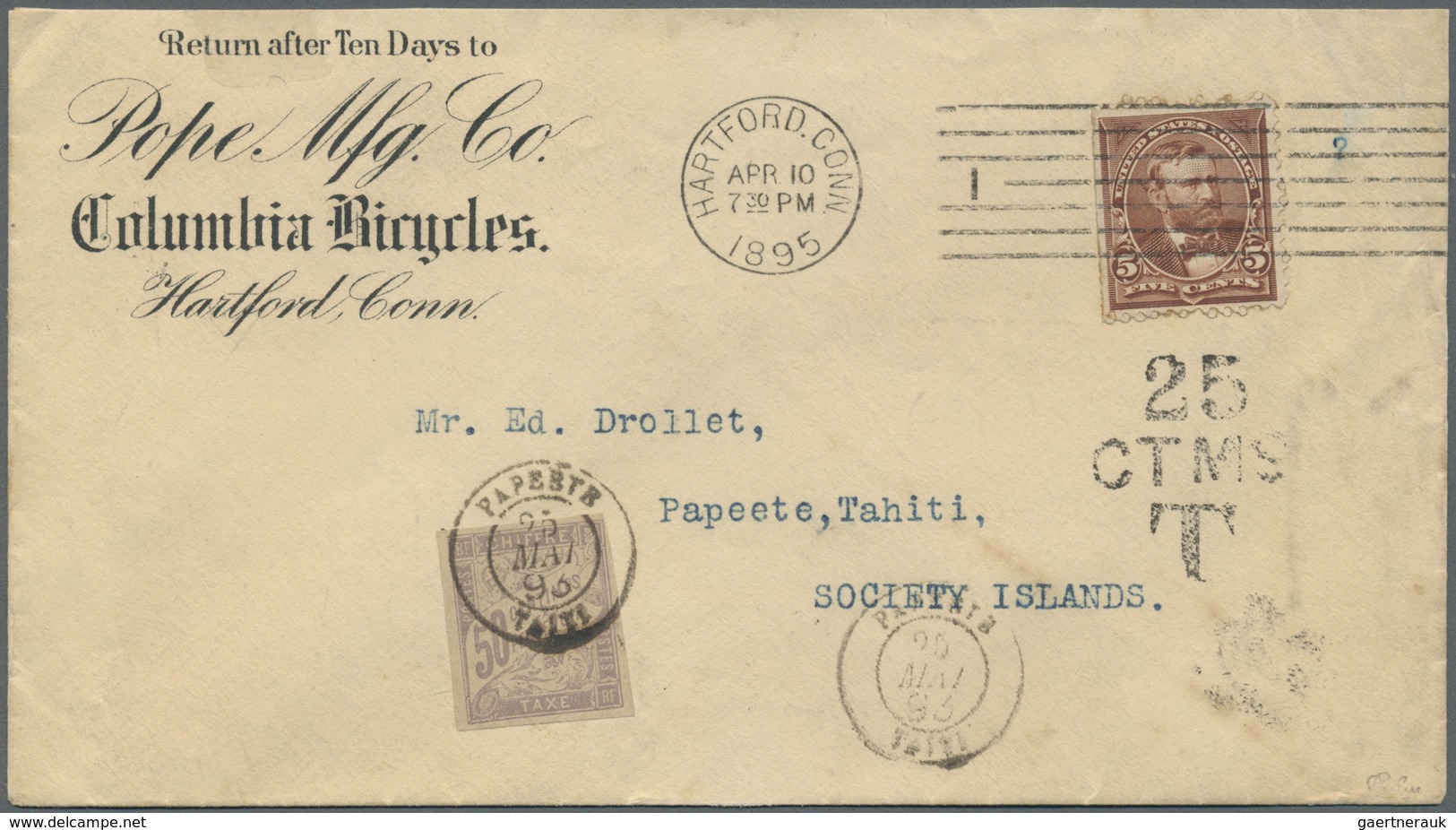 Br Tahiti - Portomarken: 1895. Advertising Envelope For ‘Columbia Bicycles’ Addressed To Papeete, Tahit - Tahiti