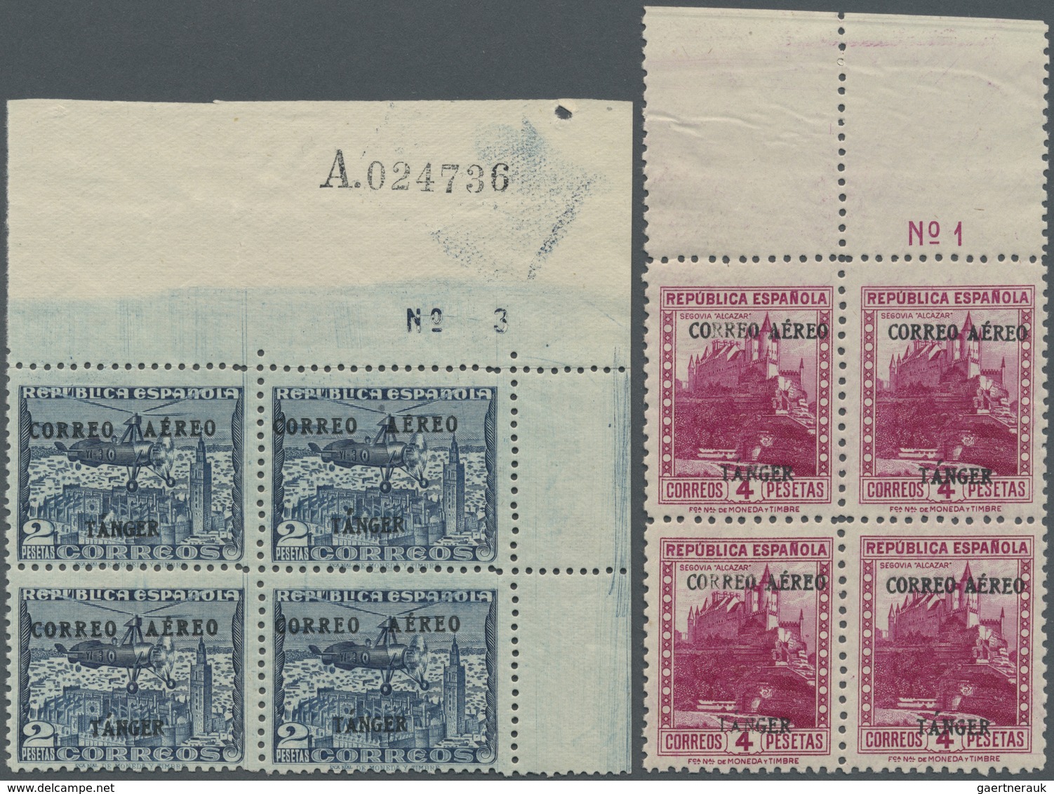 ** Tanger - Spanische Post: 1939, 2pts. Blue And 4pts. Lilac-red, Two Plate Blocks With Upper Margin, U - Maroc Espagnol