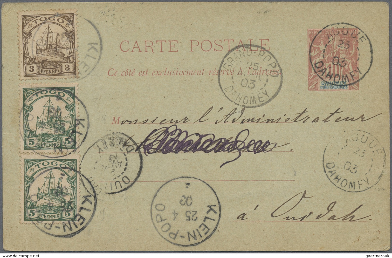 GA Togo: 1903. Dahomey Postal Stationery Card 10c Red Sent From Klein-Popo Dated '24th April 1903' Bear - Togo (1960-...)