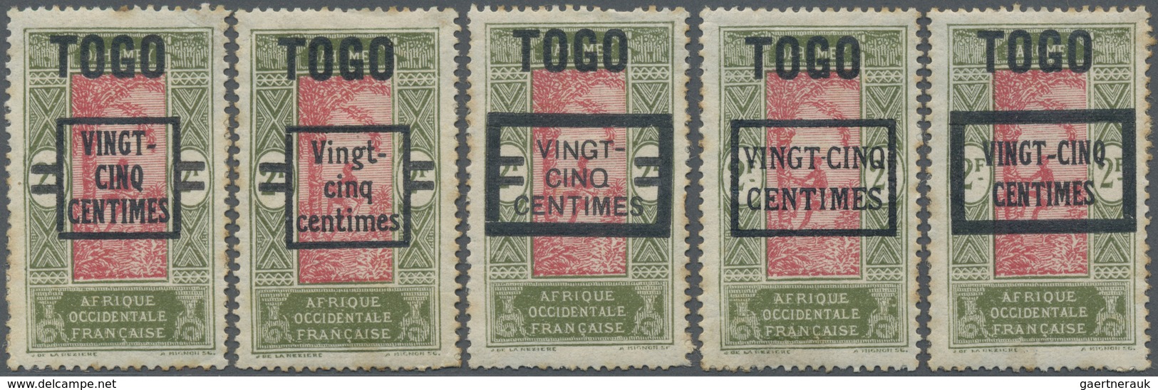 Brfst Togo: 1924, VINGT-CINQ-CENTIMES On 5 F. Olive/carmine Rubber Harvest With Overprint, Five Different - Togo (1960-...)