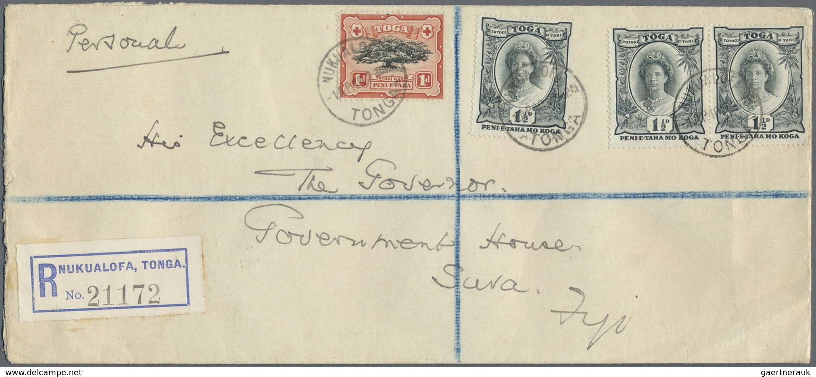 Br Tonga: 1920/34, Queen Salote 1 1/2 D. Black And 1 D. Black/red Sent Registered From "NUKUALOFA 1 APR - Tonga (...-1970)