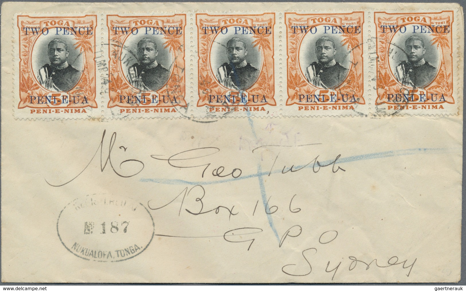 Br Tonga: 1923, "TWO PENCE PENI-E-UA." On 5 C Orange/black In A Stripe Of Five Sent Registered From "NU - Tonga (...-1970)