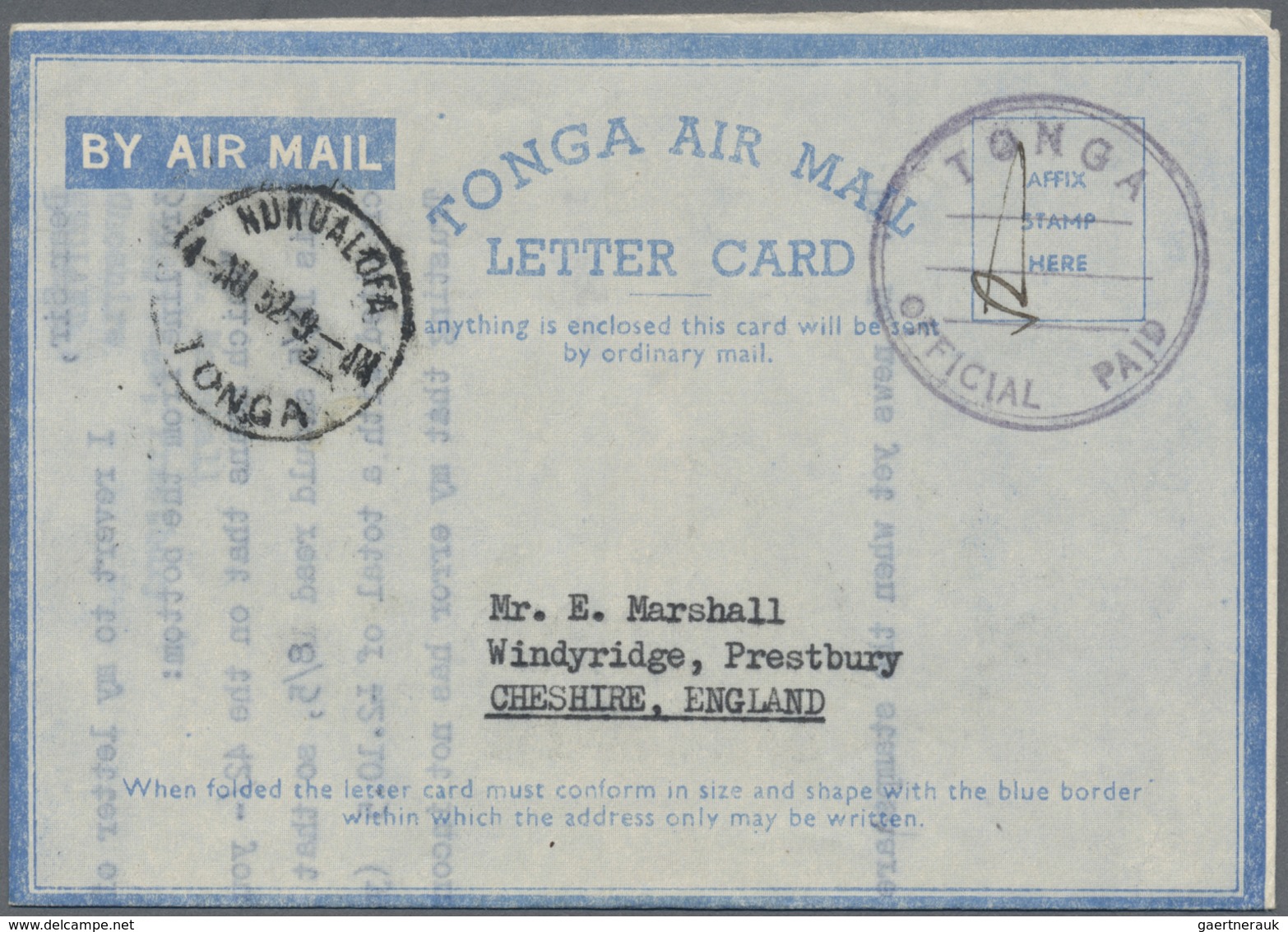 GA Tonga: 1952/57, Official Use Airletters Used 1952 Resp. 1957 To US Or England. One From Nauru. - Tonga (...-1970)