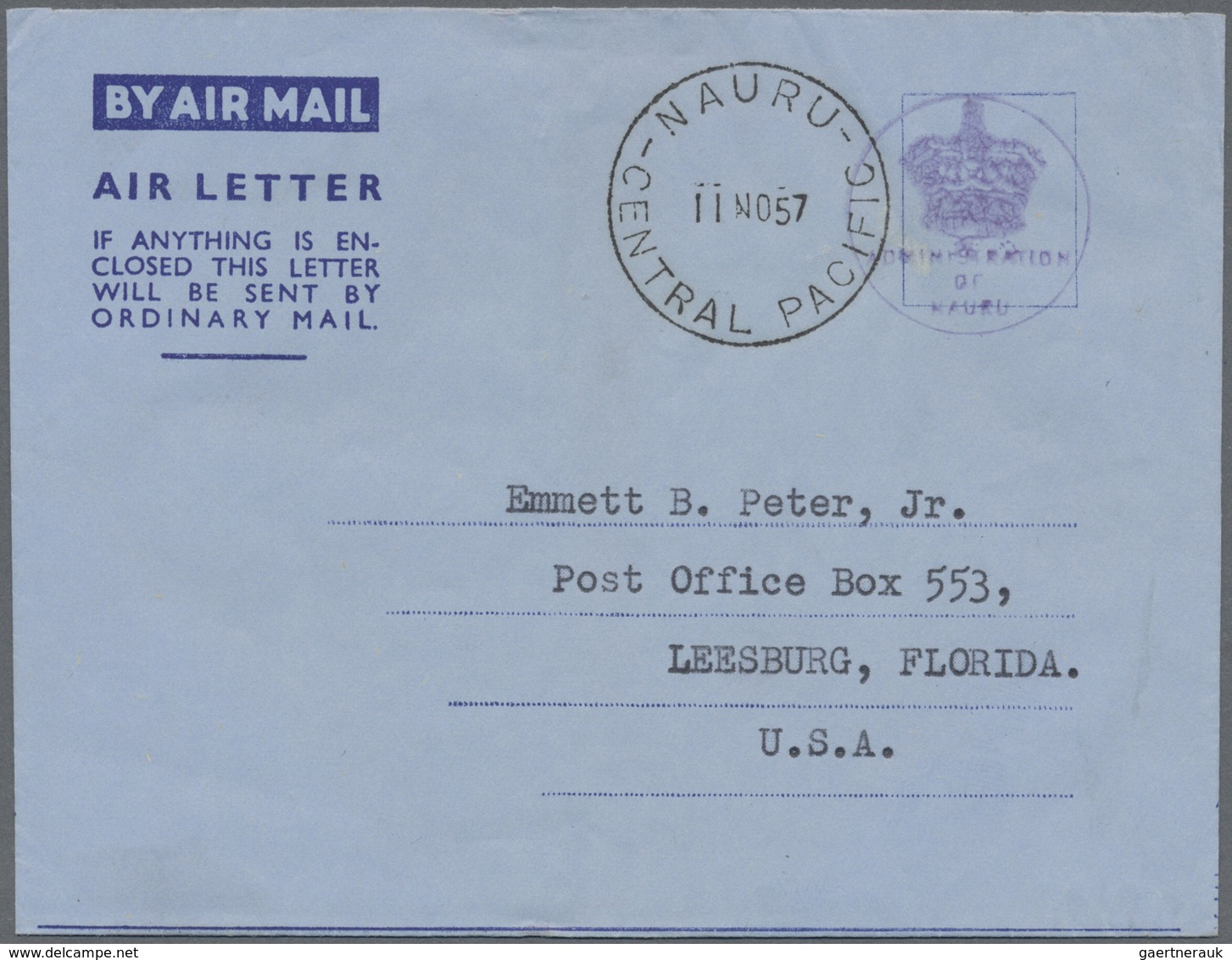 GA Tonga: 1952/57, Official Use Airletters Used 1952 Resp. 1957 To US Or England. One From Nauru. - Tonga (...-1970)