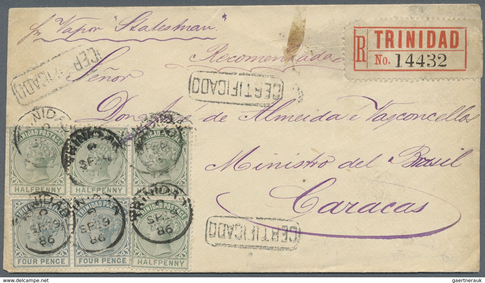 Br Trinidad Und Tobago: 1886. Registered Envelope Addressed To The 'Minister Of Brazil, Caracas, Venezu - Trinité & Tobago (1962-...)