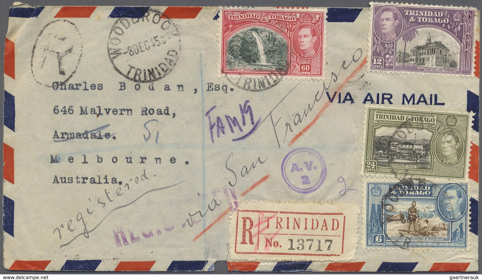 Br Trinidad Und Tobago: 1945. Registered Air Mail Envelope (opening Faults) Addressed To Australia Bear - Trinité & Tobago (1962-...)