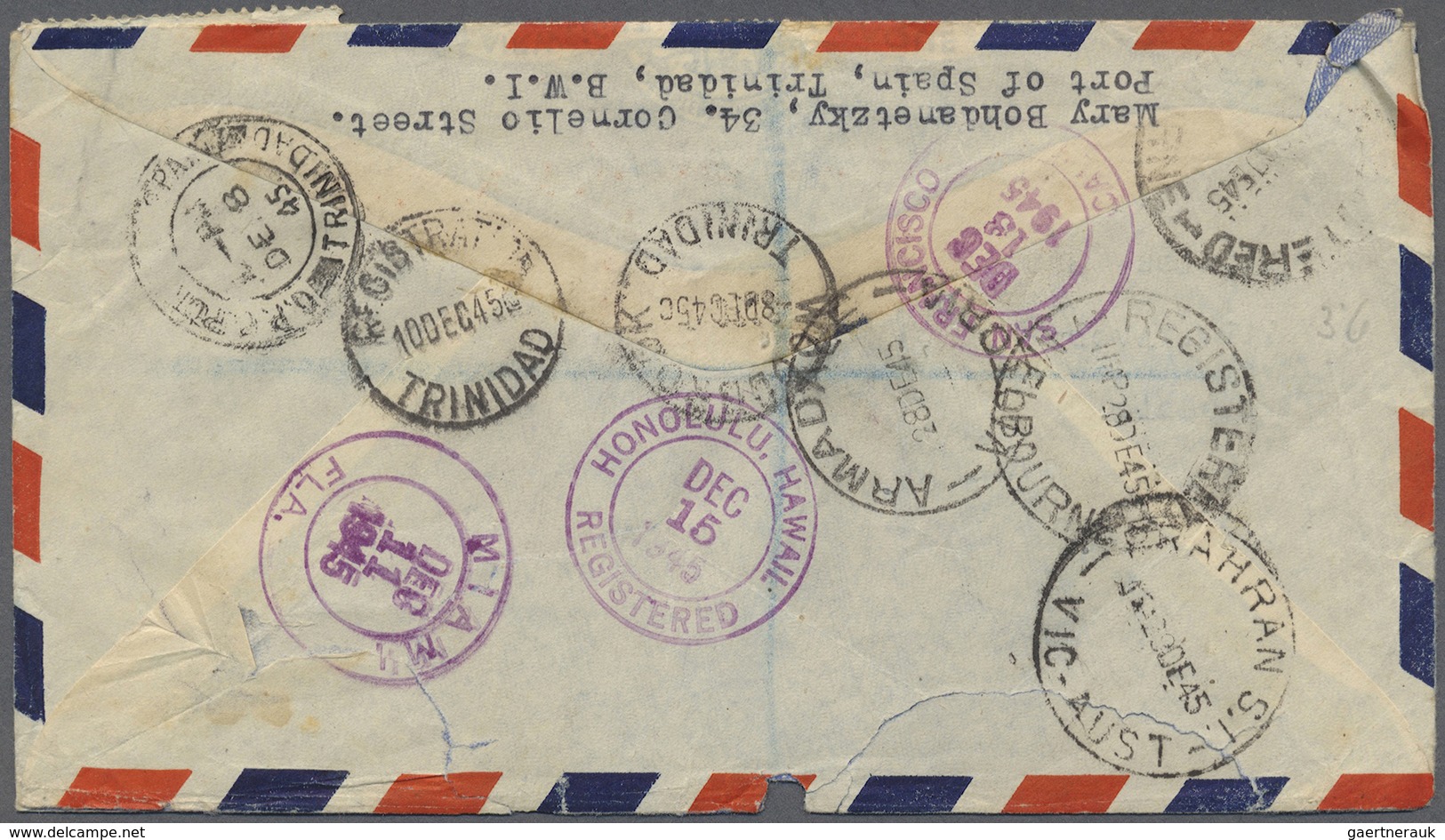 Br Trinidad Und Tobago: 1945. Registered Air Mail Envelope (opening Faults) Addressed To Australia Bear - Trinité & Tobago (1962-...)