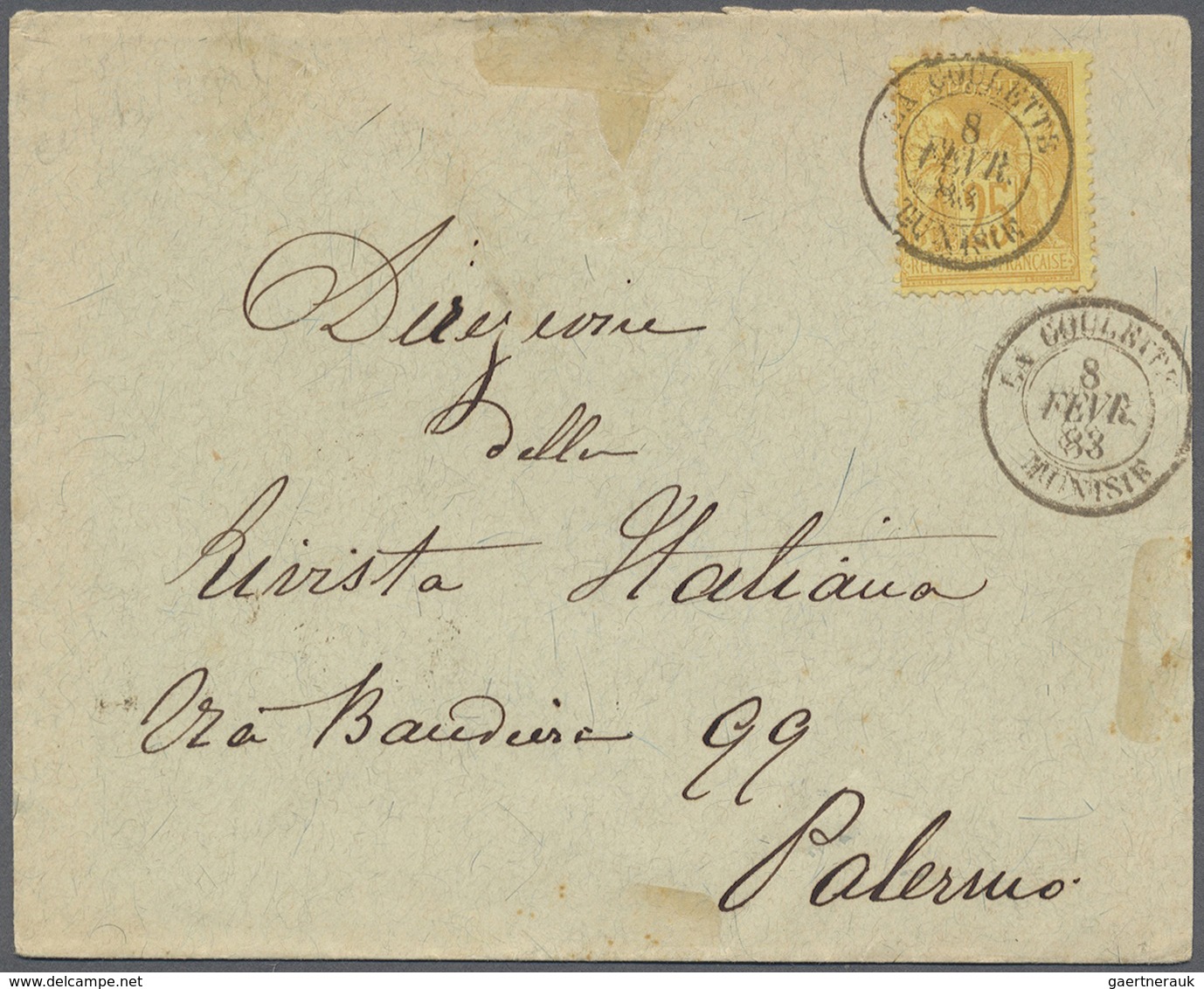 Br Tunesien: 1883. Envelope Addressed To Italy Bearing France 'Type Sage' Yvert 92, 25c Yellow Tied By - Tunisie (1956-...)