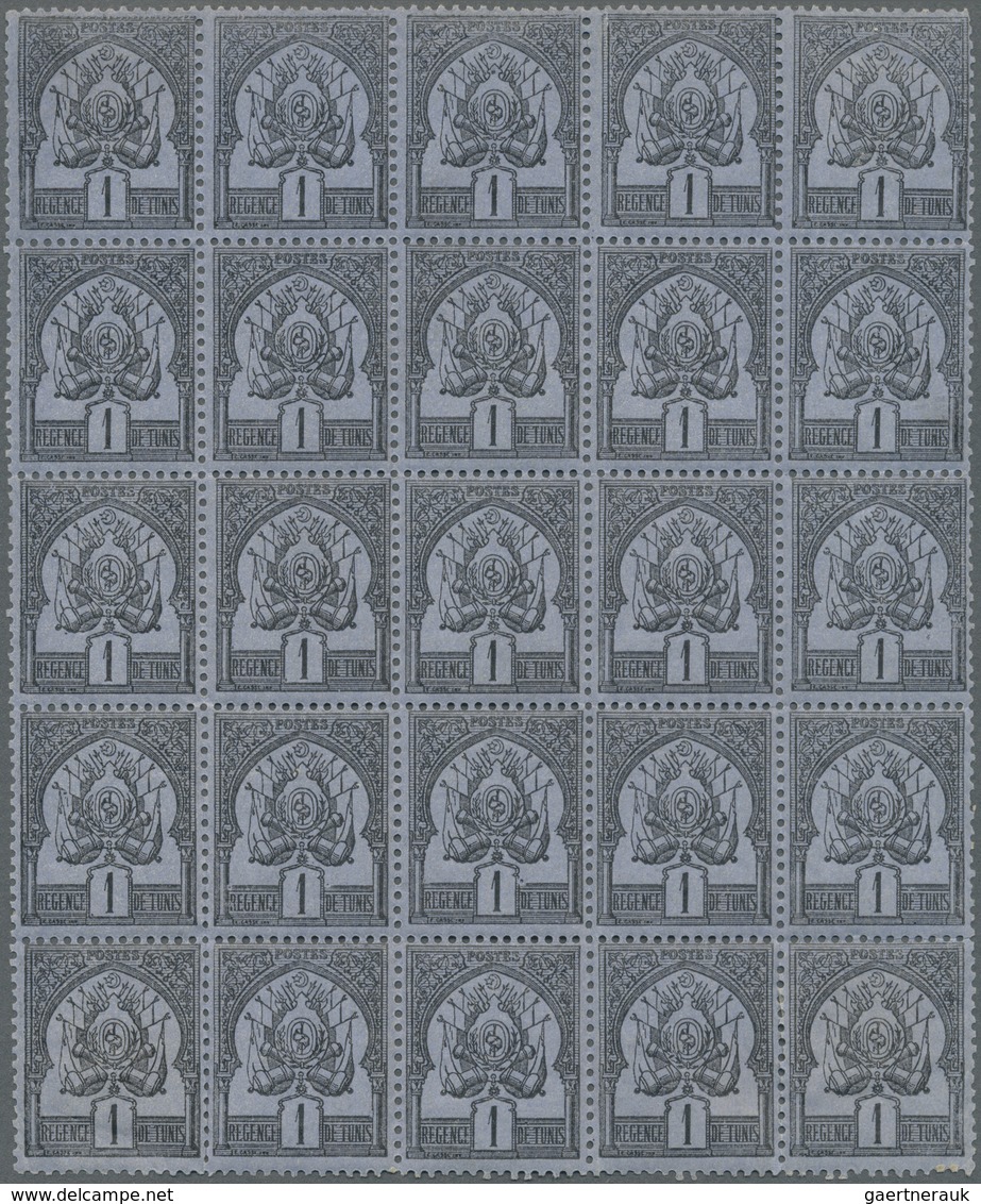 **/* Tunesien: 1888, 1c. Black On Blue, Block Of 25, Fresh Colour, Normally Perforated, Five Stamps Hinge - Tunisie (1956-...)