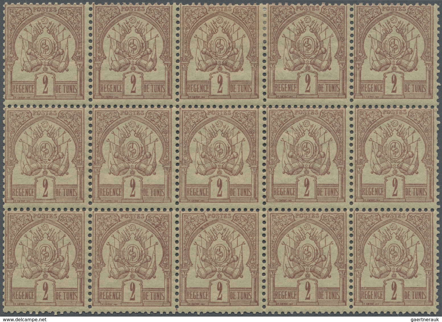 **/* Tunesien: 1888, 2c. Brown On Cream, Block Of 15, Fresh Colour, Two Stamps Hinged Others U/m, Slight - Tunisia