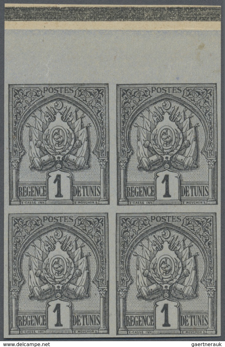 (*) Tunesien: 1889, Coat Of Arms 1c. Black On Blue With Dotted Background Imperforate PROOF Block Of Fou - Tunesië (1956-...)