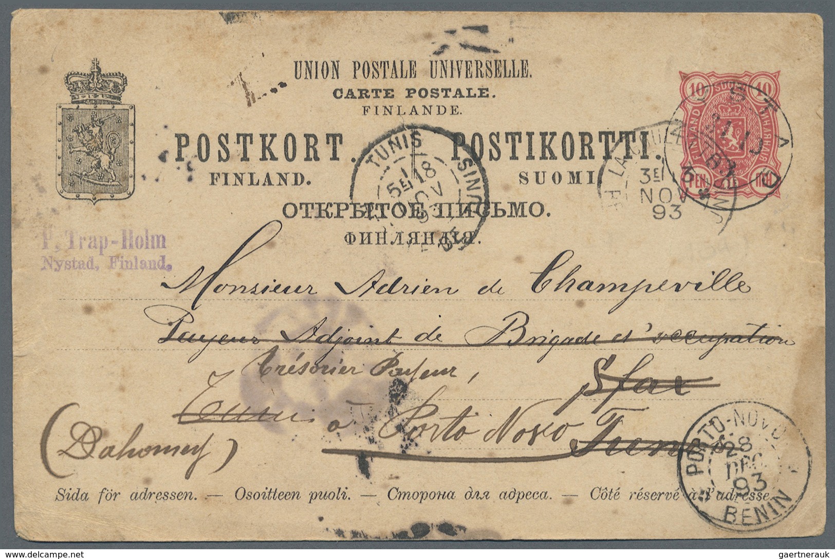 GA Tunesien: 1893. Postal Stationery Card 10p Rose (stains And Toned) Cancelled By Nystad Date Stamp '2 - Tunisie (1956-...)