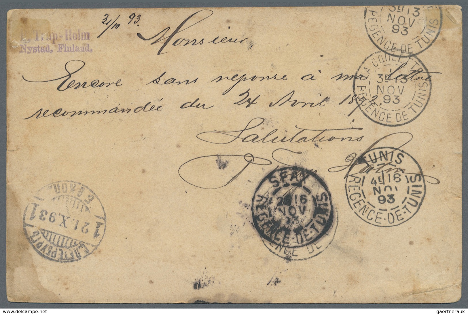 GA Tunesien: 1893. Postal Stationery Card 10p Rose (stains And Toned) Cancelled By Nystad Date Stamp '2 - Tunisie (1956-...)