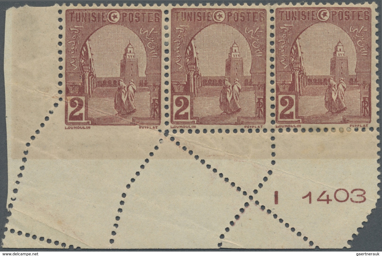 * Tunesien: 1906, 2c. Brownish Red, Horiz. Strip Of Three From The Lower Left Corner Of The Sheet, Lef - Tunisie (1956-...)