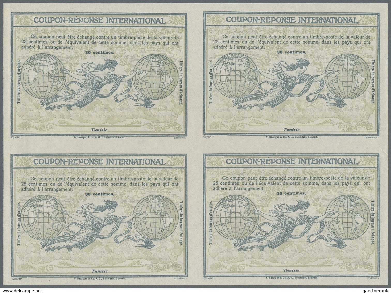 GA Tunesien: Design "Rome" 1906 International Reply Coupon As Block Of Four 30 C. Tunesie. This Block O - Tunesië (1956-...)