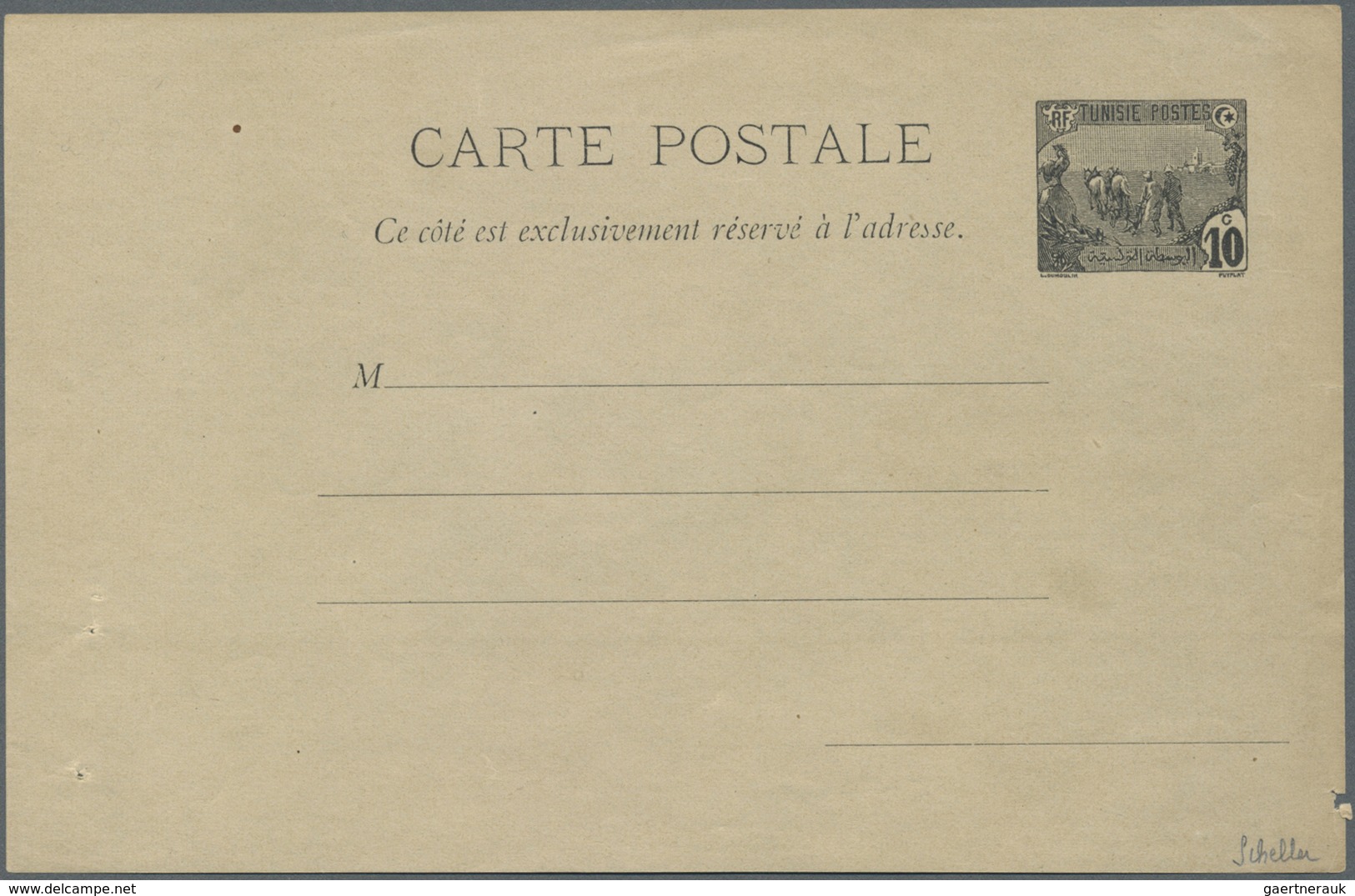 GA Tunesien: 1906. Essay On Paper For Postcard With Postage Die "Plowmen" 10c Black, No Address Lines, - Tunesië (1956-...)