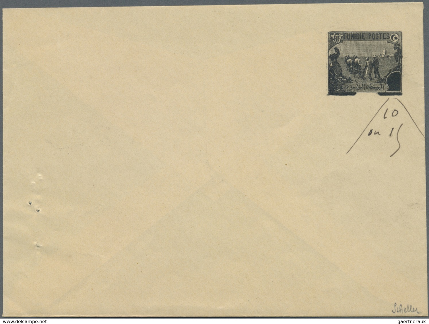 GA Tunesien: 1906. Essay For Envelope With Postage Die "Plowmen" Black, Handwritten Face Value "10 On 1 - Tunisie (1956-...)