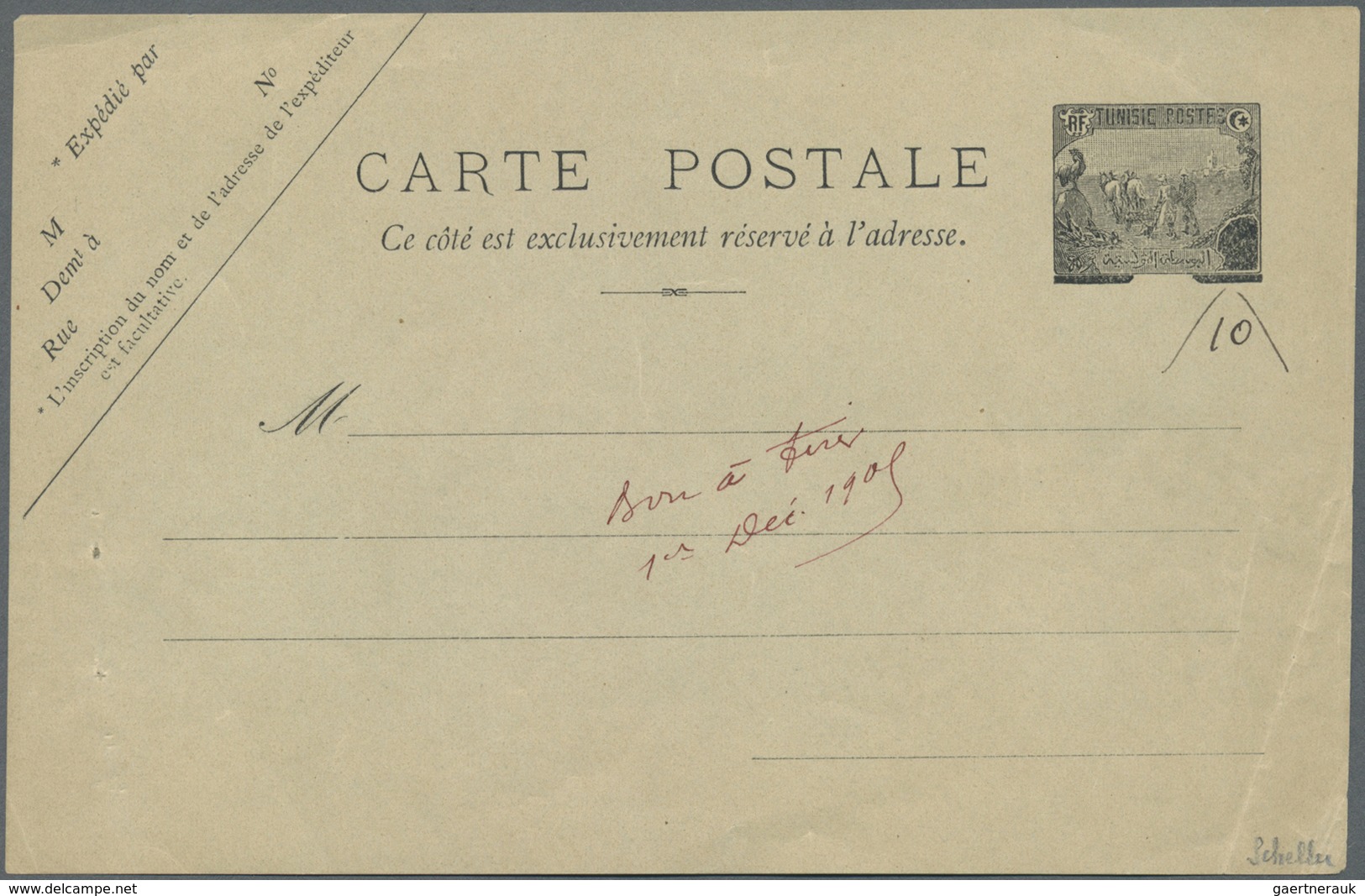 GA Tunesien: 1909. Essay On Paper For Postcard With Postage Die "Plowmen" Black, Handwritten Face Value - Tunesië (1956-...)