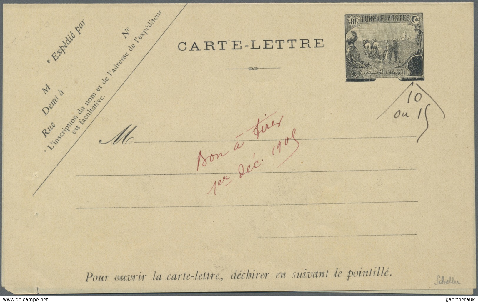 GA Tunesien: 1909. Essay On Paper For Letter Card With Postage Die "Plowmen" Black, Handwritten Face Va - Tunisie (1956-...)