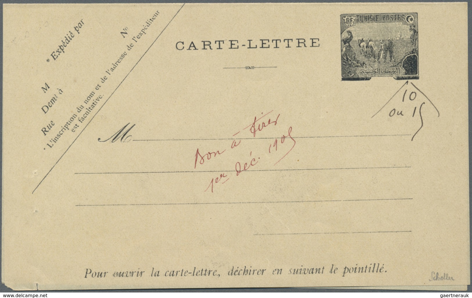 GA Tunesien: 1909. Essay On Paper For Letter Card With Postage Die "Plowmen" Black, Handwritten Face Va - Tunesië (1956-...)