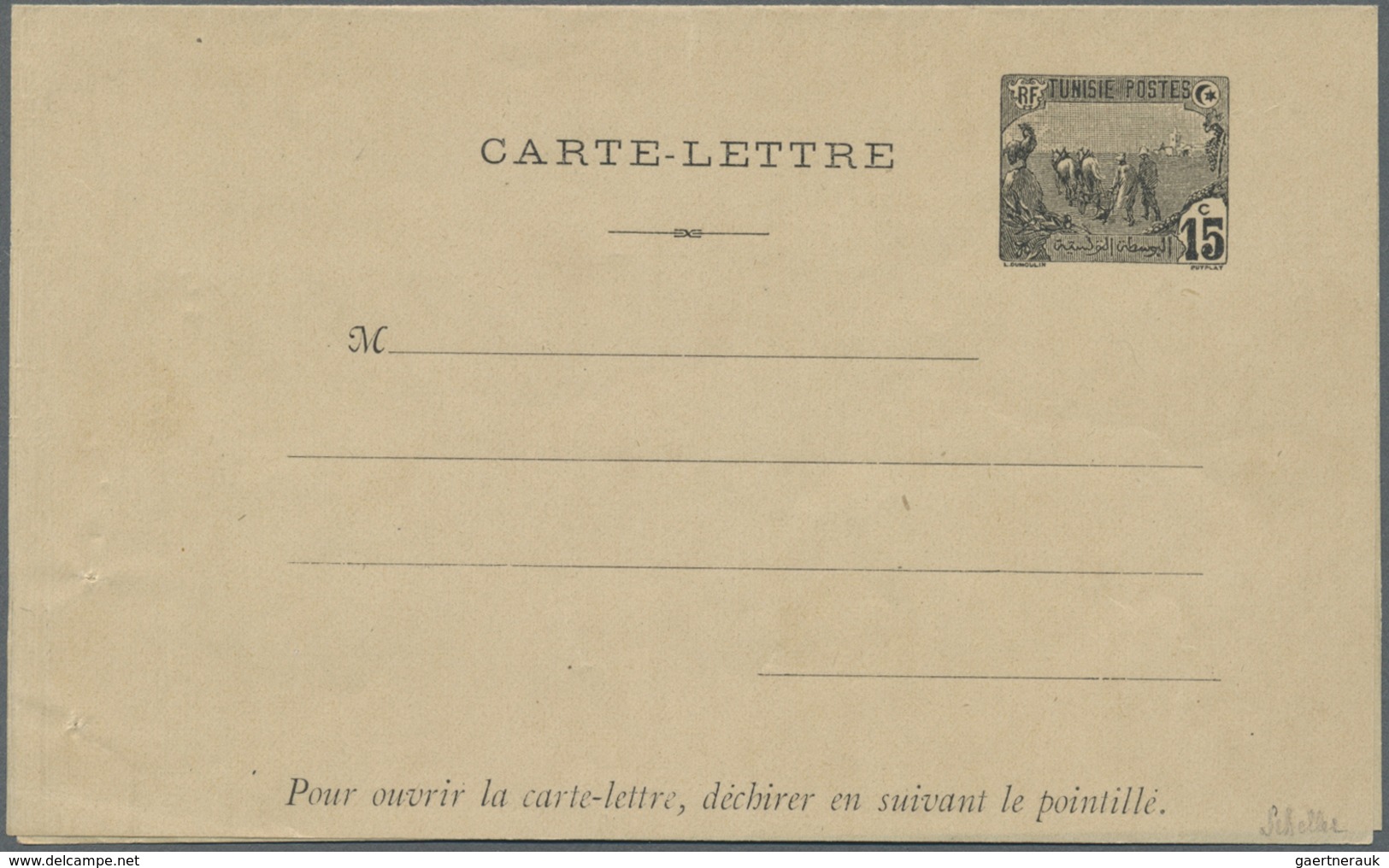 GA Tunesien: 1909. Essay On Paper For Letter Card With Postage Die "Plowmen" Black, Face Value "15c", T - Tunesië (1956-...)