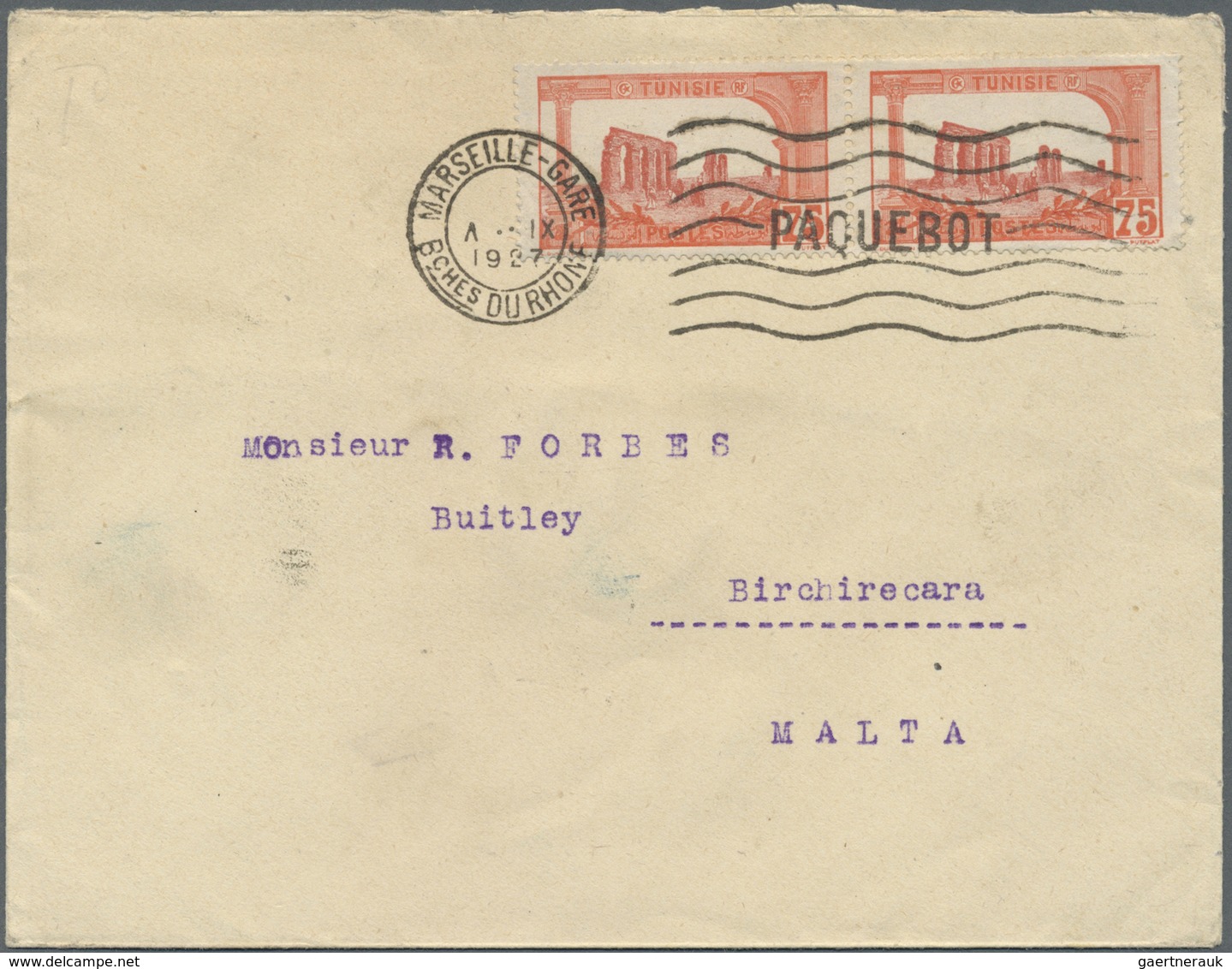 Br Tunesien: 1927, 75c. Orange-red, Horiz. Pair On Ship Letter From Tunis To Malta, Oblit. By French PA - Tunisie (1956-...)