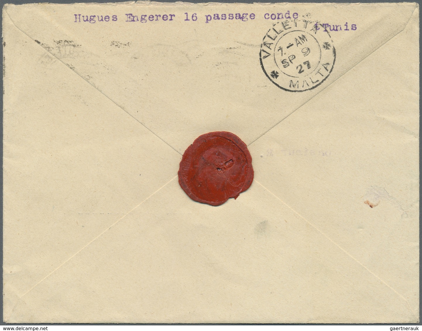 Br Tunesien: 1927, 75c. Orange-red, Horiz. Pair On Ship Letter From Tunis To Malta, Oblit. By French PA - Tunesië (1956-...)