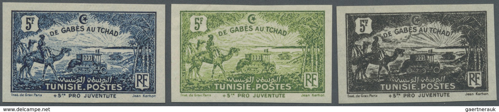 (*) Tunesien: 1928, 5fr. Children's Relief, Group Of Three Imperforate Proofs In Dark Ultramarine, Yello - Tunesië (1956-...)