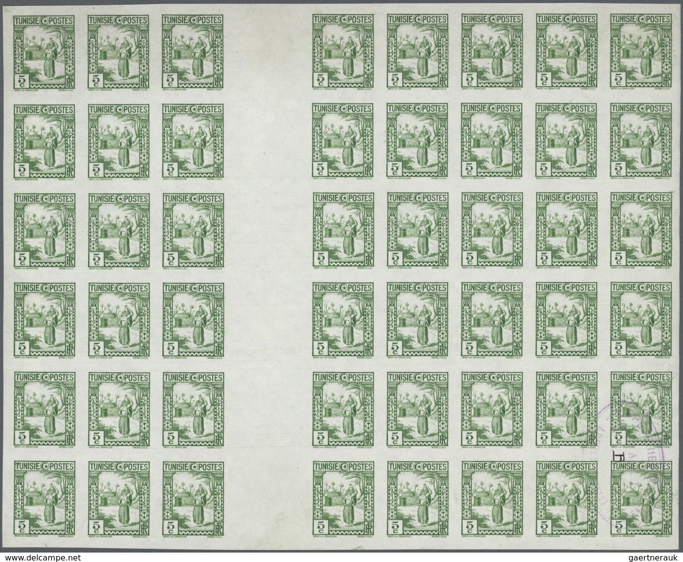 (*) Tunesien: 1931, 5c. Bright Green, Imperforate Gutter Block Of 48, Unused No Gum, Four Stamps Oblit. - Tunisie (1956-...)