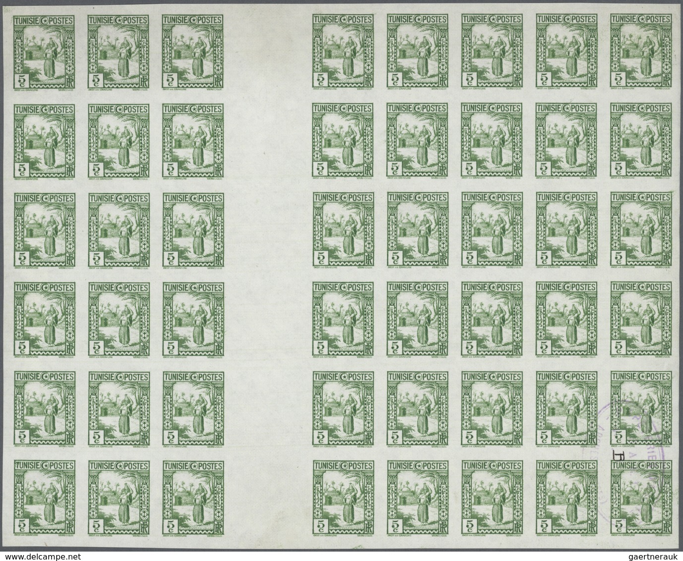 (*) Tunesien: 1931, 5c. Bright Green, Imperforate Gutter Block Of 48, Unused No Gum, Four Stamps Oblit. - Tunesië (1956-...)