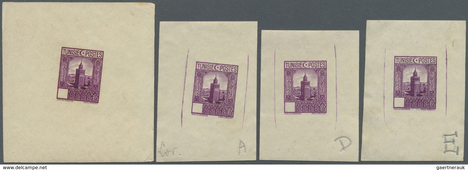 (*) Tunesien: 1931, Definitives "Views Of Morocco", Design "Grande Mosquee", Group Of Four Archive Proof - Tunesië (1956-...)