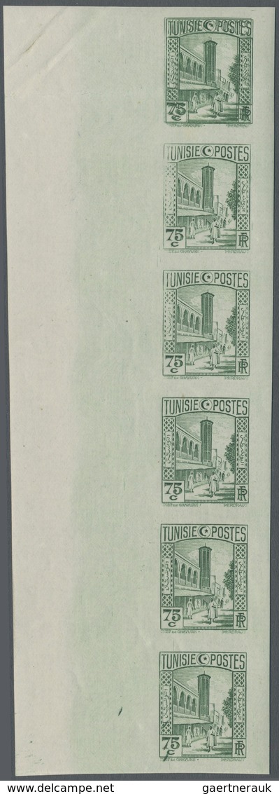 ** Tunesien: 1931, Definitives "Tunisian Views", 75c. Green, Imperforate Vertical Strip Of Six With Rig - Tunesië (1956-...)