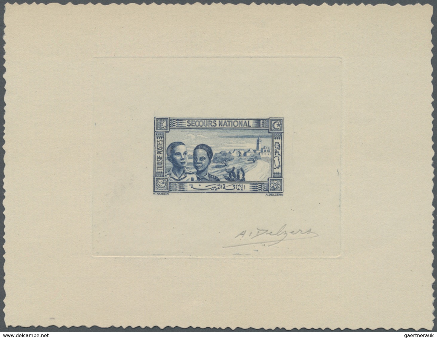 (*) Tunesien: 1944, National Relief, Epreuve D'artiste In Blue, Issued Design But Without Value, With Si - Tunisie (1956-...)