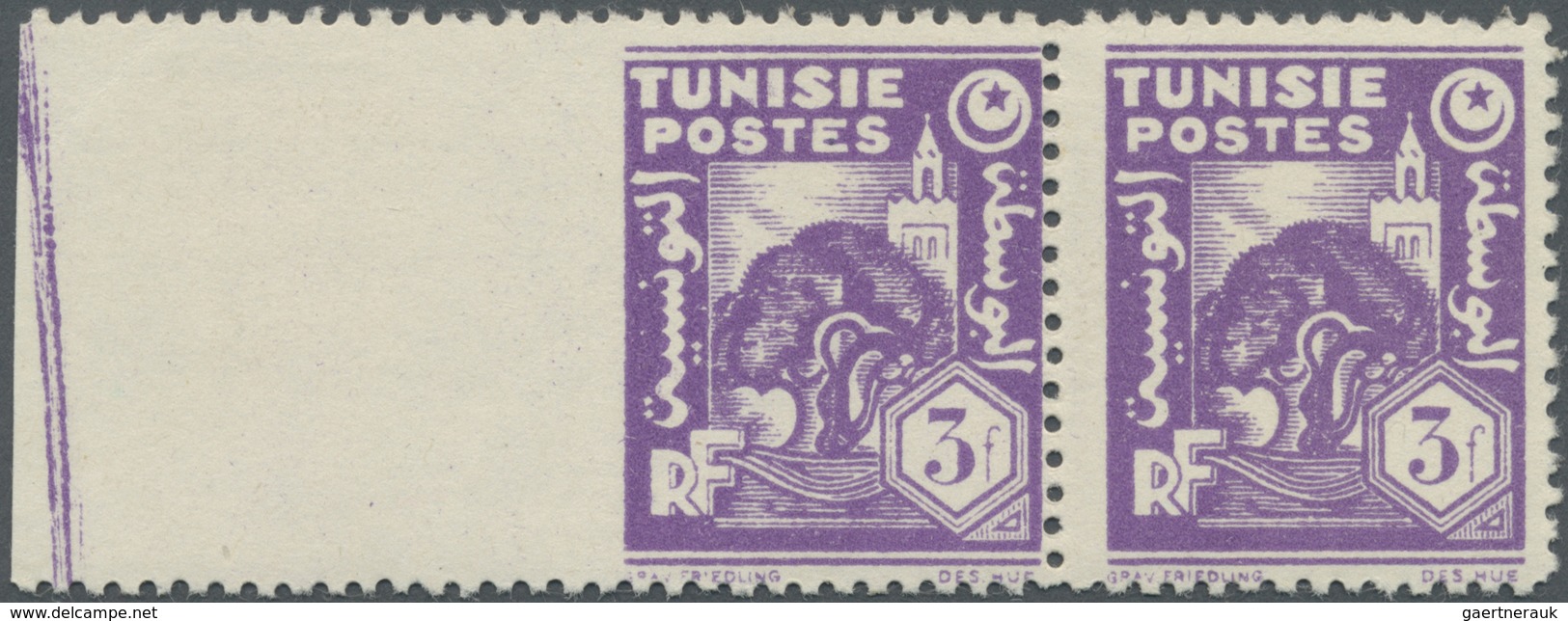 ** Tunesien: 1944, 3fr. Violet, Marginal Horiz. Pair Showing Variety "imperforate At Left" Unmounted Mi - Tunisia