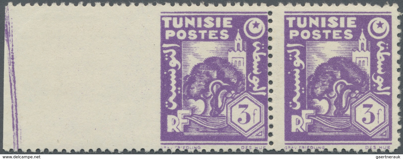** Tunesien: 1944, 3fr. Violet, Marginal Horiz. Pair Showing Variety "imperforate At Left" Unmounted Mi - Tunesië (1956-...)