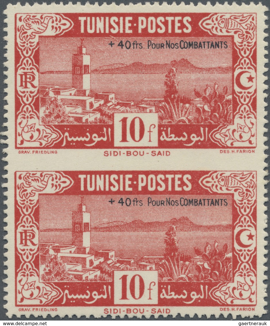 * Tunesien: 1945, Soldier's Relief, 10fr. + 40fr. Red, Vertical Pair Showing Variety "imperforate Betw - Tunisia