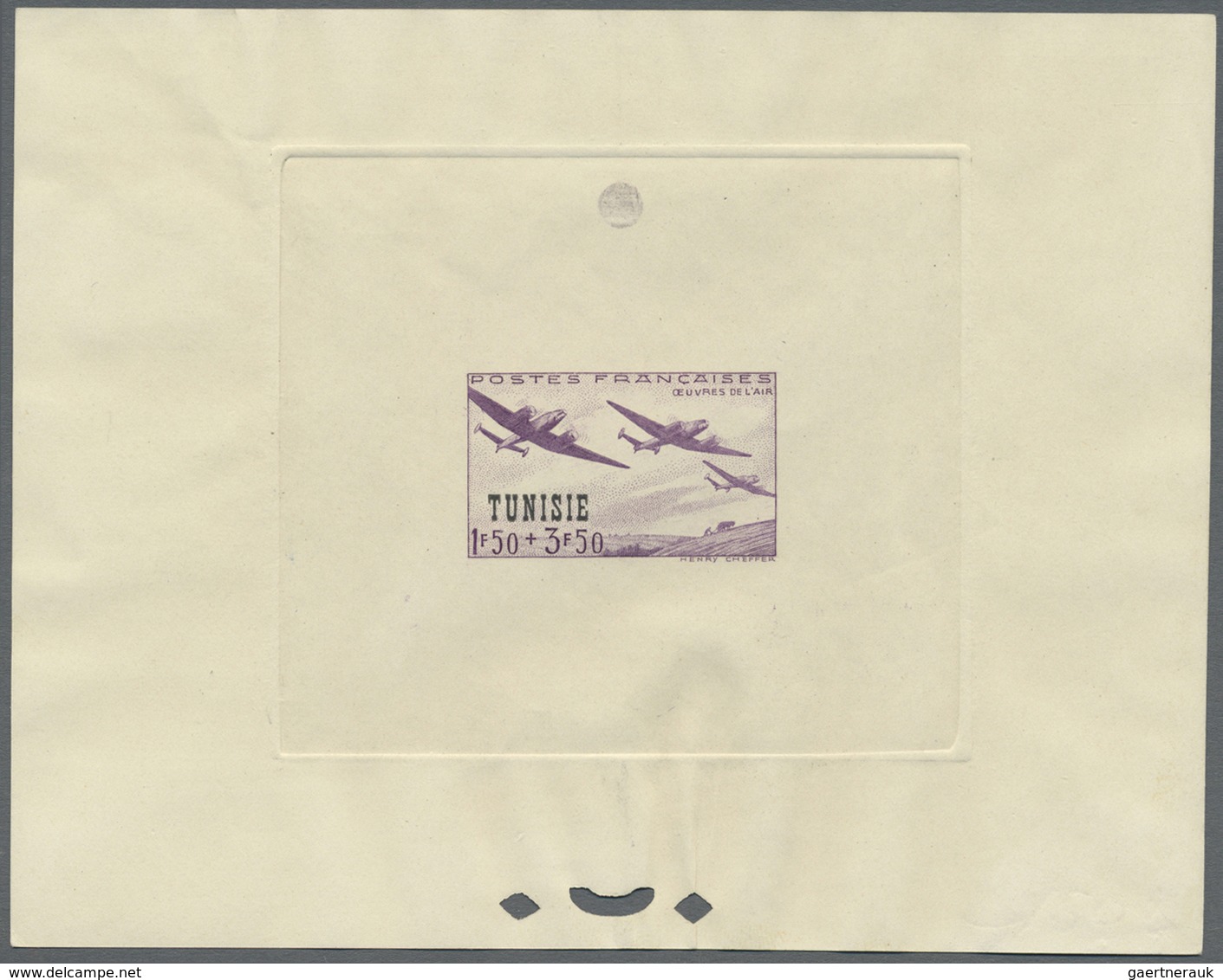 (*) Tunesien: 1945, NOT ISSUED AIRMAIL STAMP, 1.50fr. + 3.50fr. Violet, France 1942 Airmail With Overpri - Tunisie (1956-...)