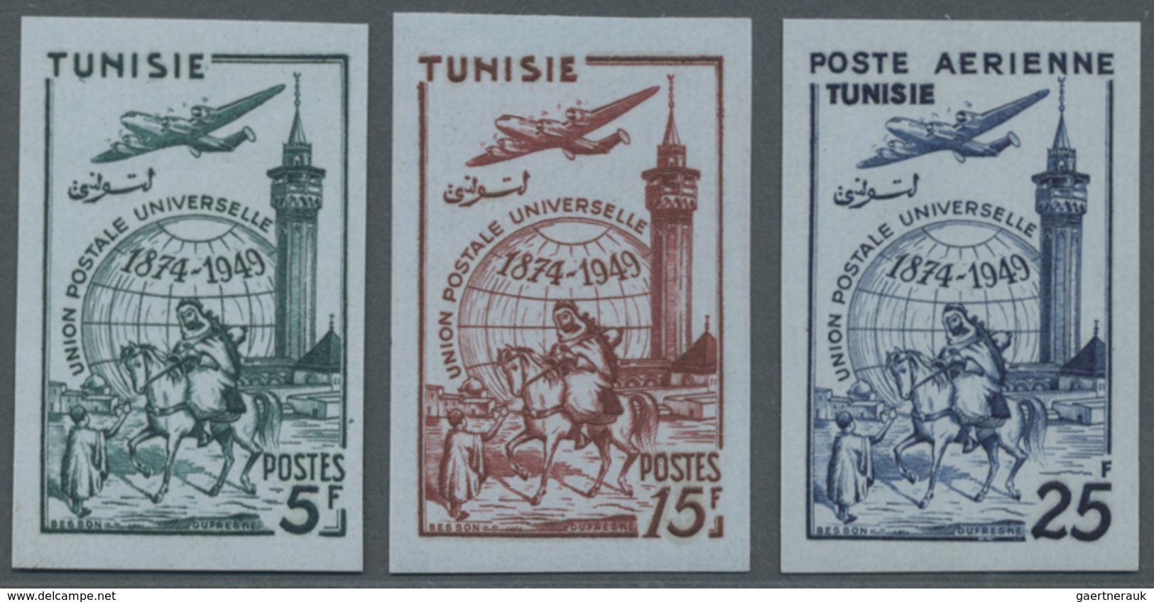 ** Tunesien: 1949, 75 Years Of United Postal Union UPU Complete IMPERFORATE Set Of Three And Additional - Tunisie (1956-...)