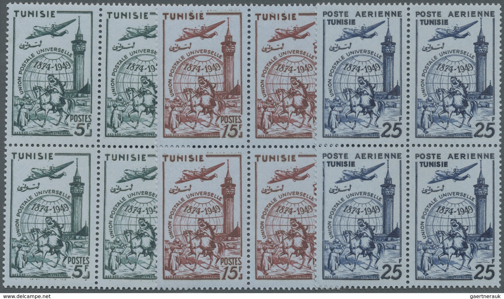 ** Tunesien: 1949, 75 Years Of United Postal Union UPU Complete IMPERFORATE Set Of Three And Additional - Tunesië (1956-...)