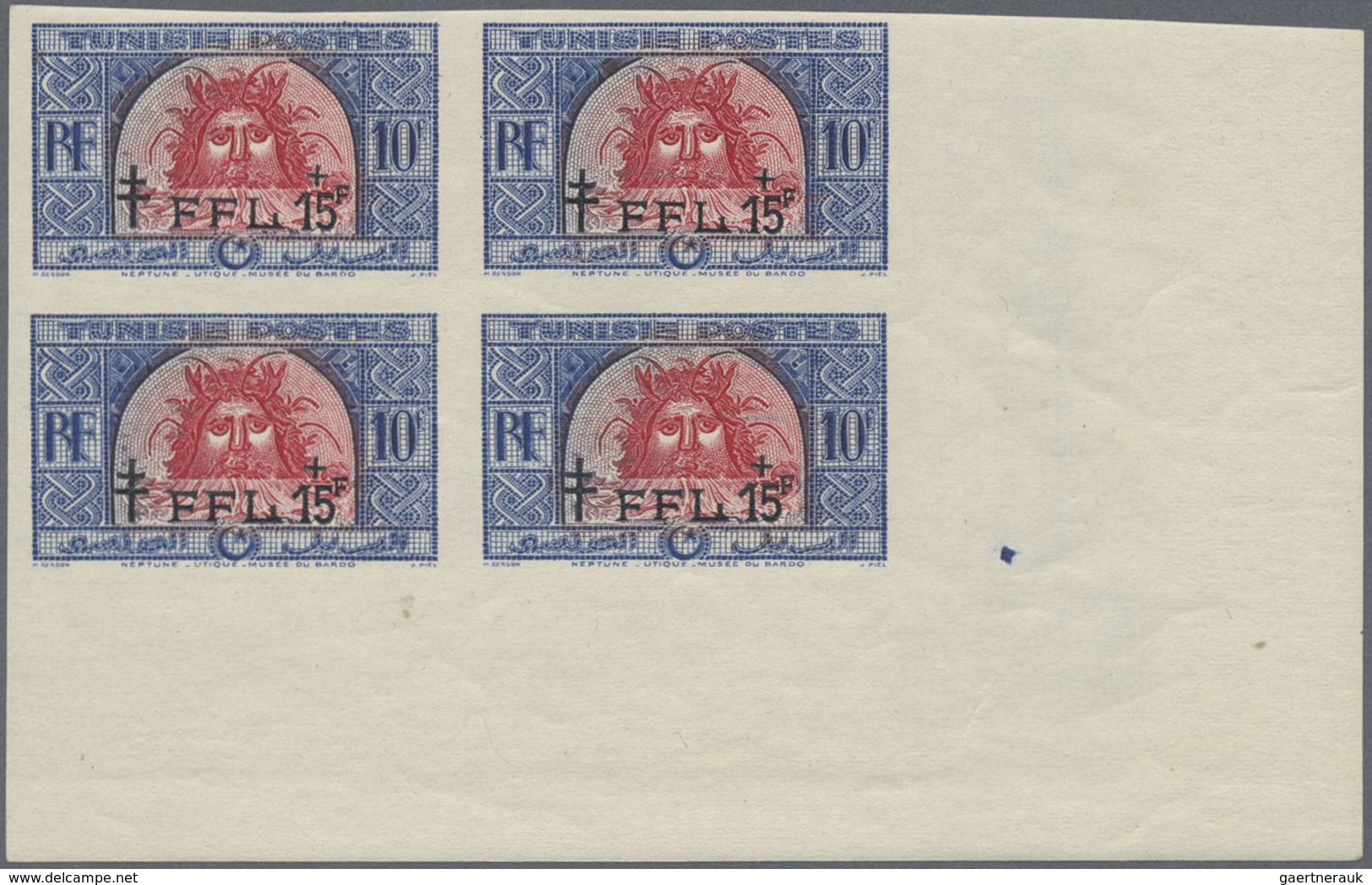 ** Tunesien: 1950, Neptun And Amphitrite Unissued 10fr. Stamp With Black Opt. 'FFL 15F' IMPERFORATE Blo - Tunisie (1956-...)