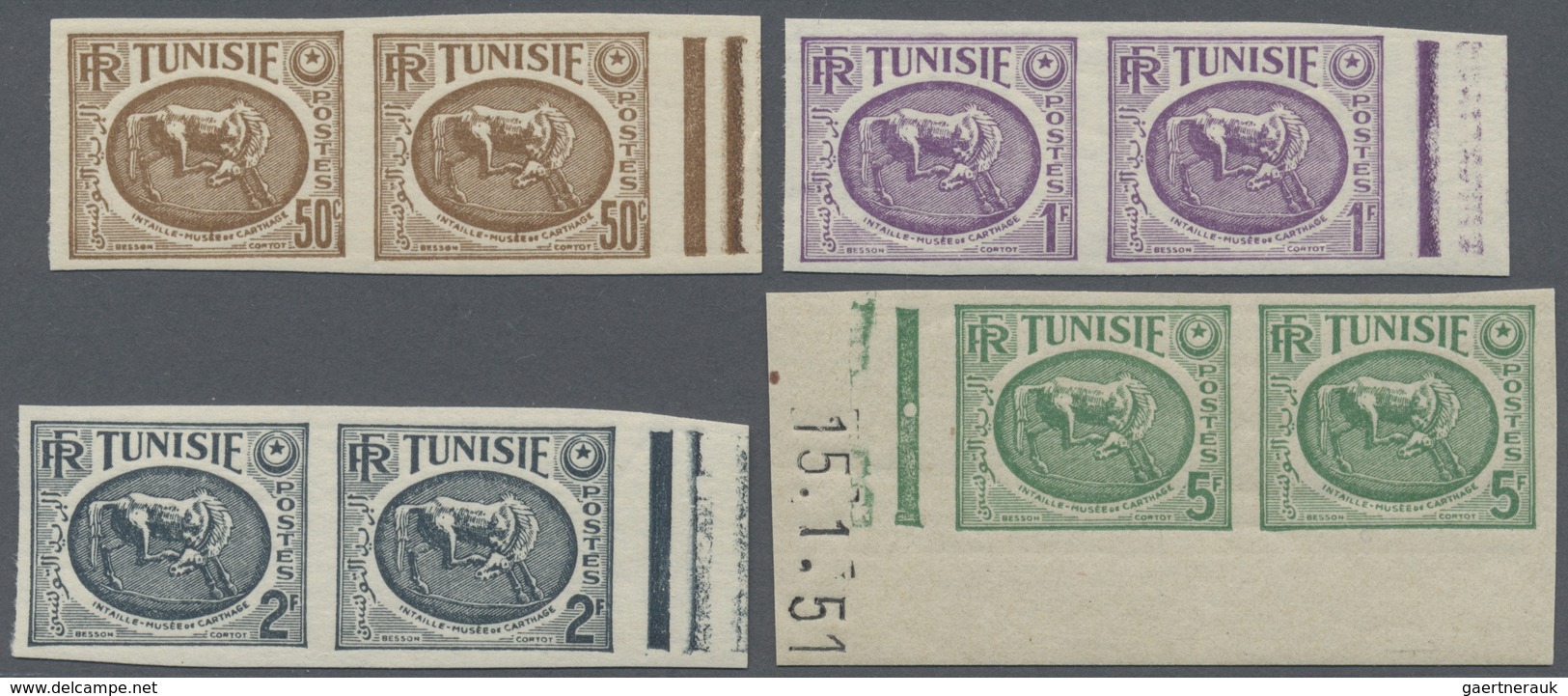 ** Tunesien: 1951, Cameo With Horse Thematic Four Different Values 50c. Brown, 1fr. Violet, 2fr. Grey A - Tunesien (1956-...)