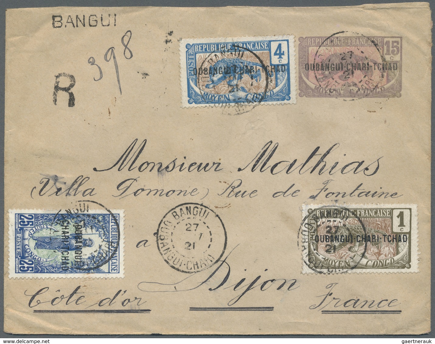 GA Ubangi-Schari-Tschad: 1921, 15 C Panther Postal Stationery Envelope, Uprated With 8 Stamps (1 C To 2 - Andere & Zonder Classificatie