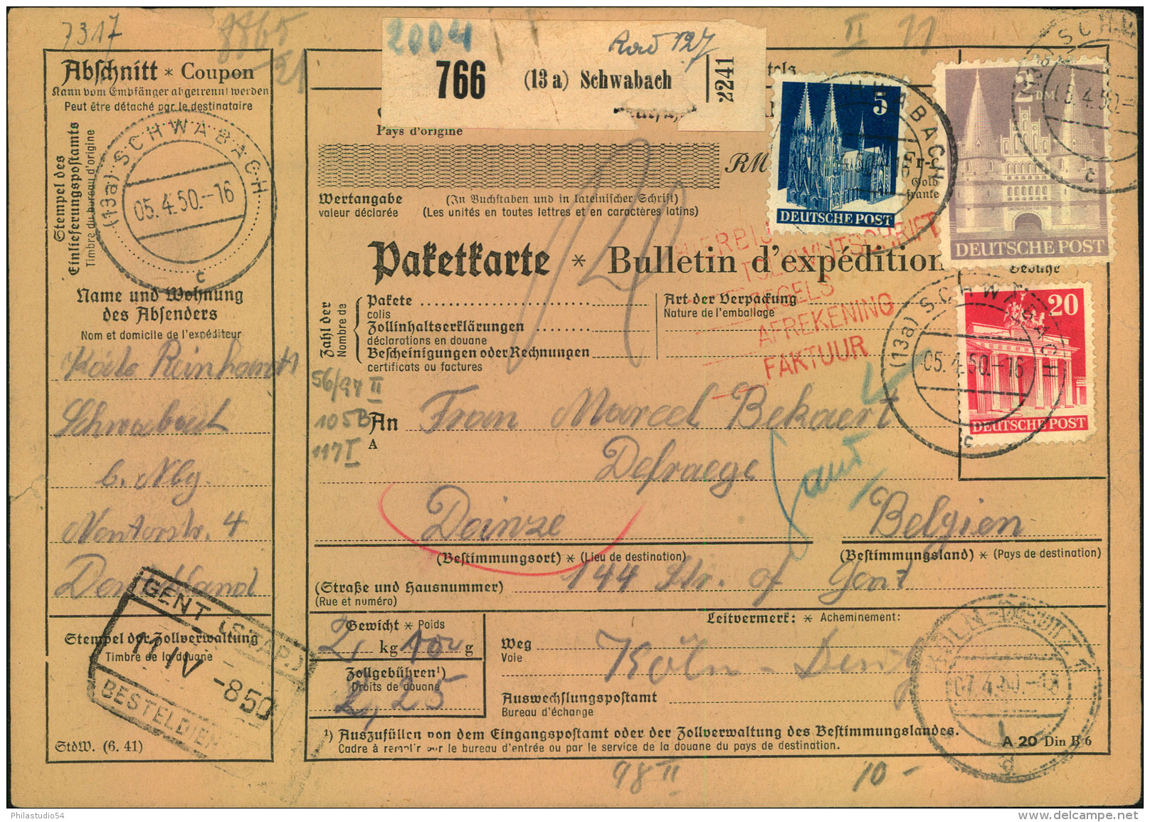 1950, Komplette Paketkarte Mit 2 DM Bauten Sowie 5 Und 20 Pfg (diese Eckrund) Ab (13a) SCHWABACH. - Sonstige & Ohne Zuordnung