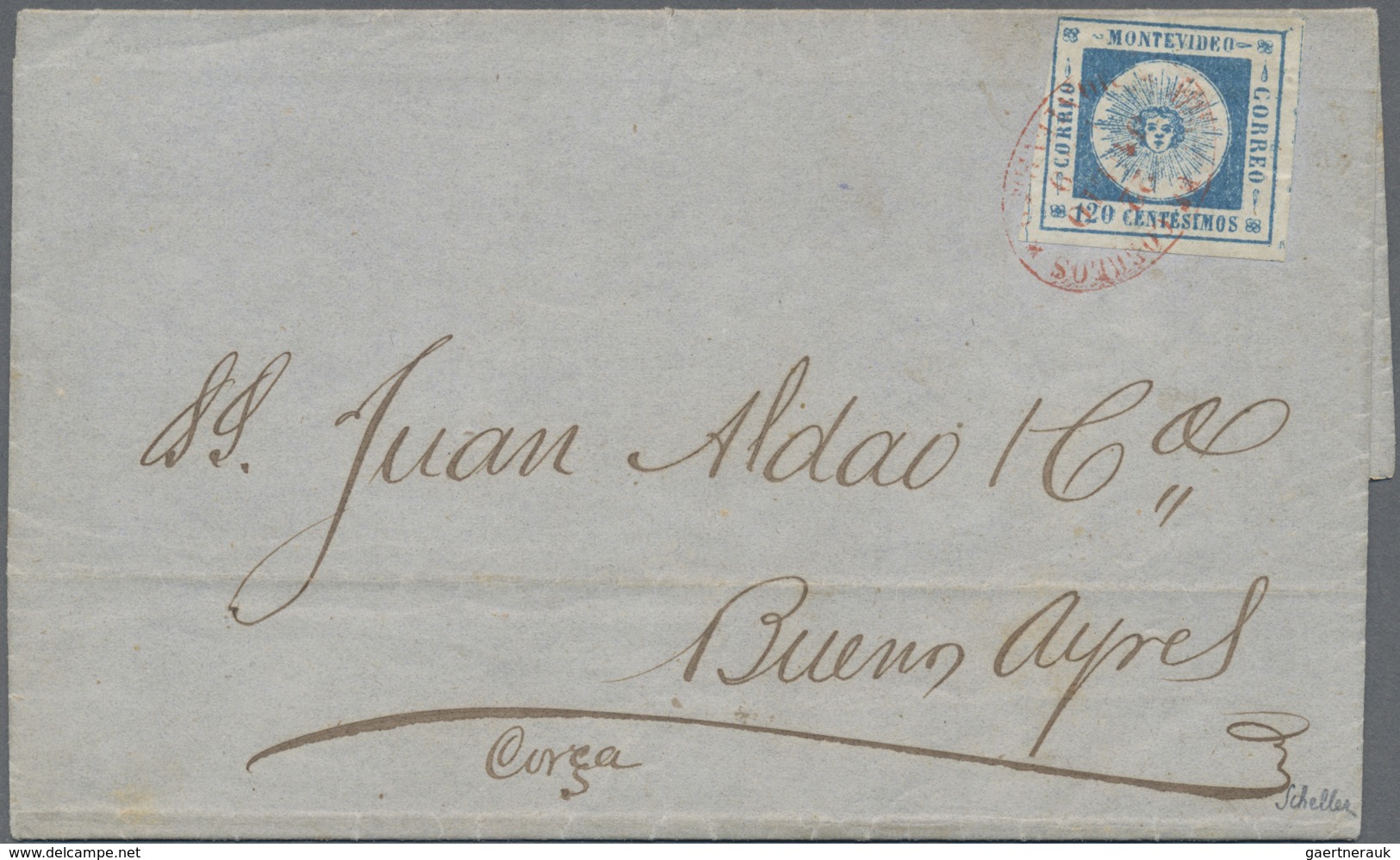 Br Uruguay: 1859: Uruguay 120c Blue With Thin Numerals, Showing Three Wide Margins And Only One Slightl - Uruguay